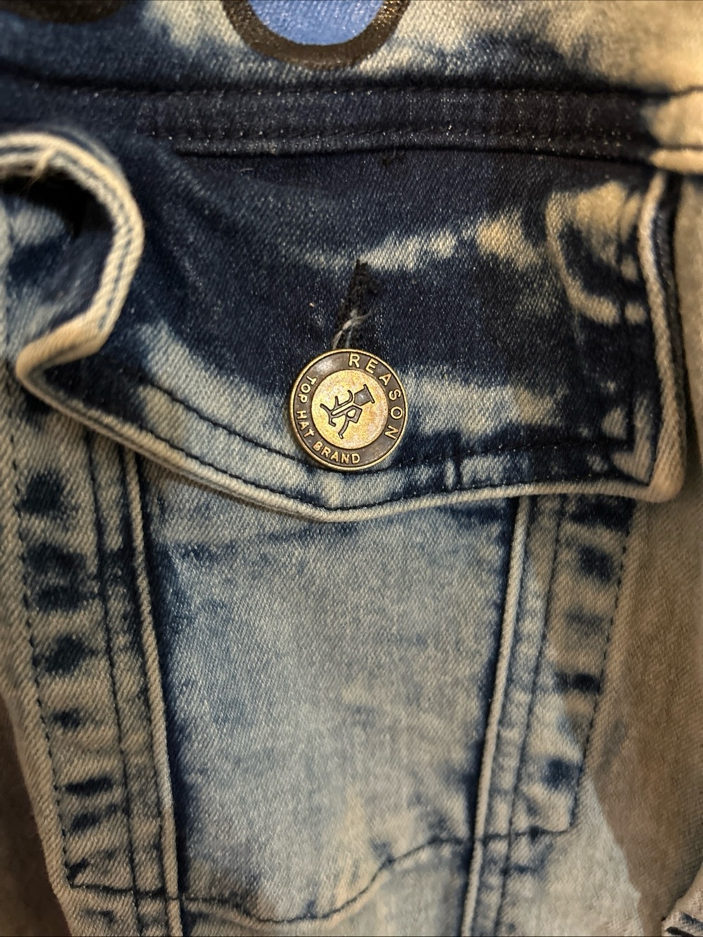 REASON Light Wash Denim Jacket with Multicolor Patches - Picture 9 of 10